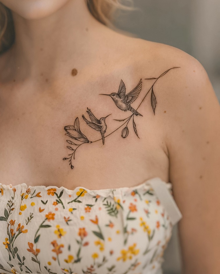 Kolibříci na klíční kosti - Jemné tetování